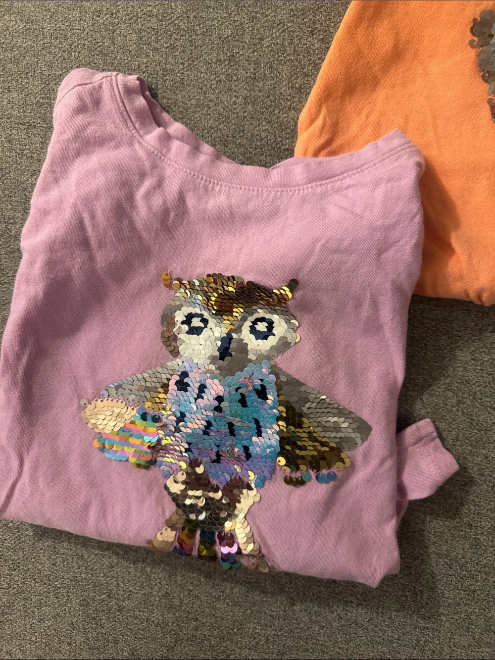 5/$15- Sequin Butterfly & Owl Kids Tops - Orange and Lilac. Long sleeve